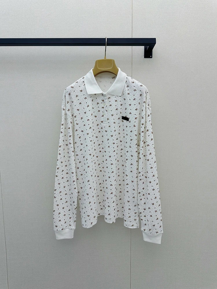 Spring Summer Fashion Small Broken Flower Print Cotton Polo Shirt Women's Turn-down Collar Button Loose Long Sleeve Shirt