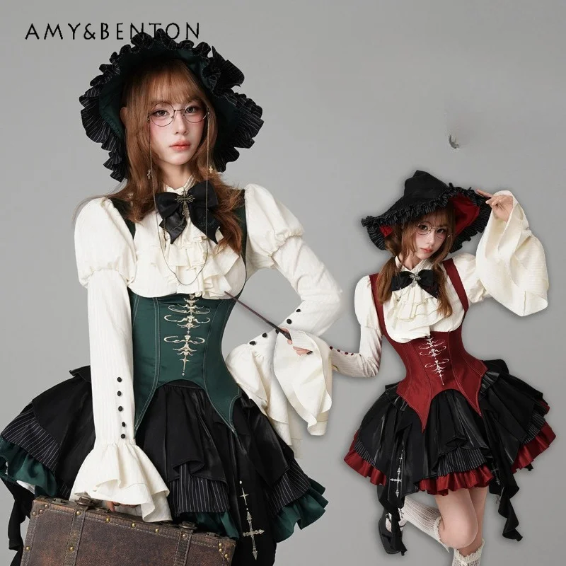 

Dark Academia Lolita Style Corset Dress Cross Pattern Ruffle Blouse Layered Tutu Skirt Vintage Gothic Cosplay Outfit for Women