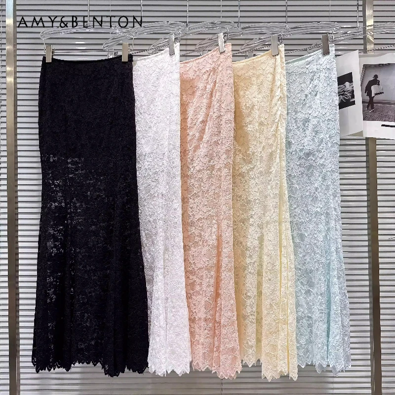 

2026 Summer Sexy Lace Hollow Out Slimming Women's Fishtail Skirt French Design Solid Color Slimming Versatile Long Skirts Ladies