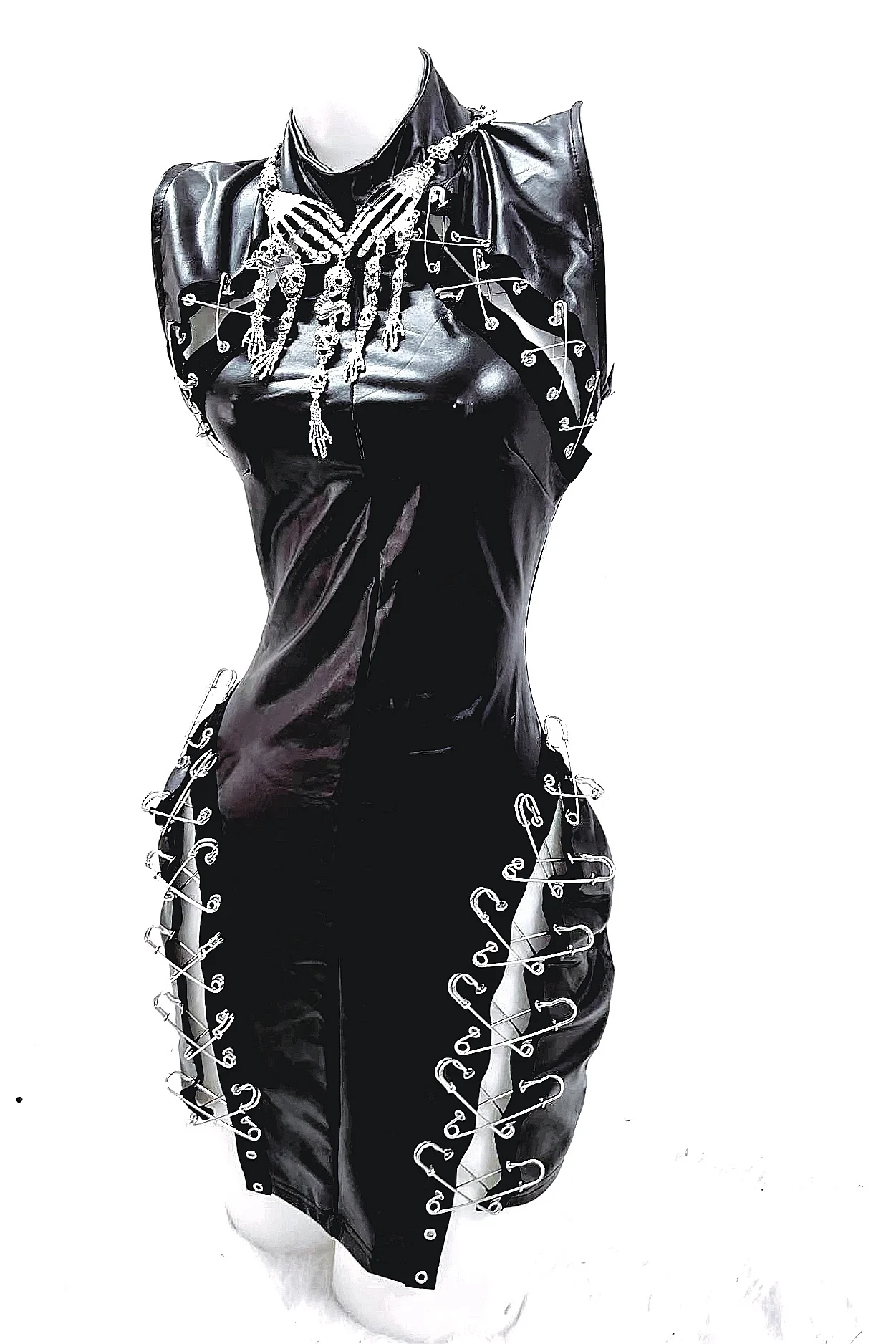 

Subculture Cross Hollow Special Splicing Cut PU Leather High Neck Dress Ancient Dark