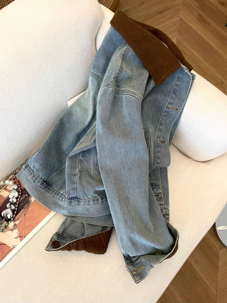Retro Jean Jacket for Women Color-blocking Design Lapel Denim Jacket Women Leisure Loose Single-breasted Short Denim Jacket