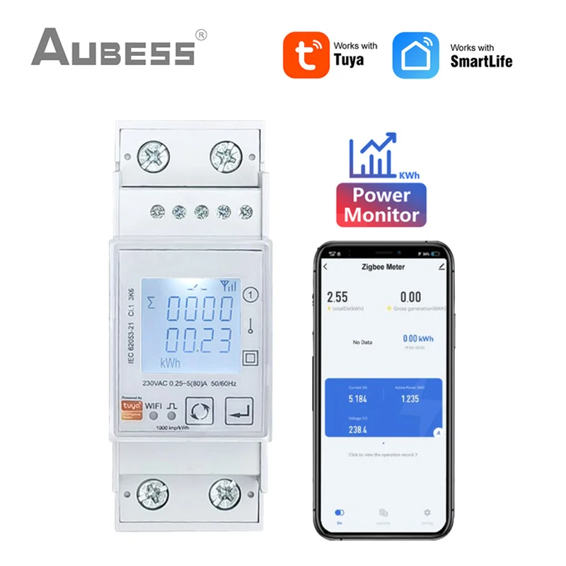 Tuya WiFi / ZigBee Smart Single Phase Wireless Power Monitor Rail Monitor Bi-Directional Measurement Solar Works With Smart Life