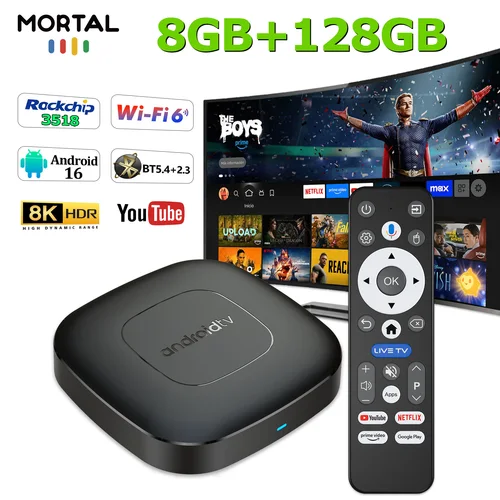 TV Box Mortal T1 Android 16 con Google Voice, Wifi dual 6, 4K HDR 8G, 128 GB, RK3518, decodificador 8K, YouTube, USB 3.0, cine en casa