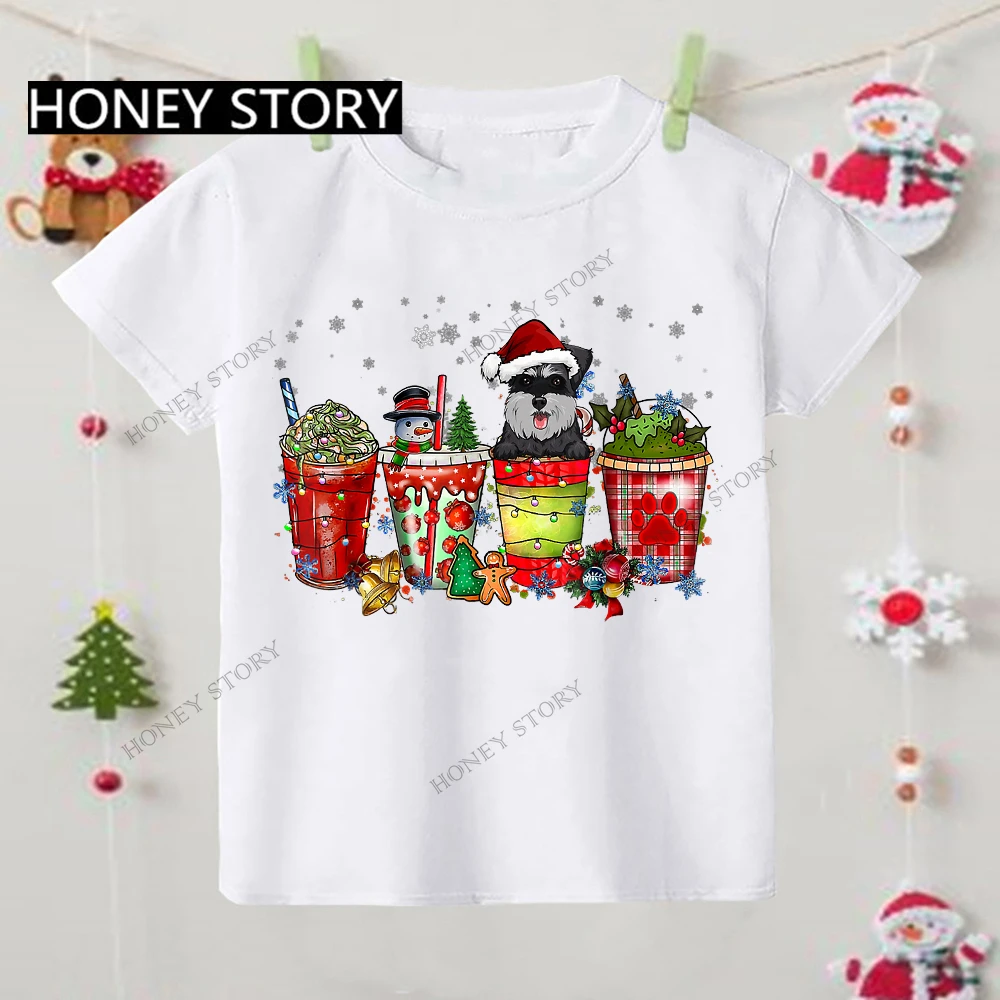 Merry Christmas Kids TShirt Christmas Coffee Dog Kids Casual Short-sleeved T-shirt for Kids Girls Clothes