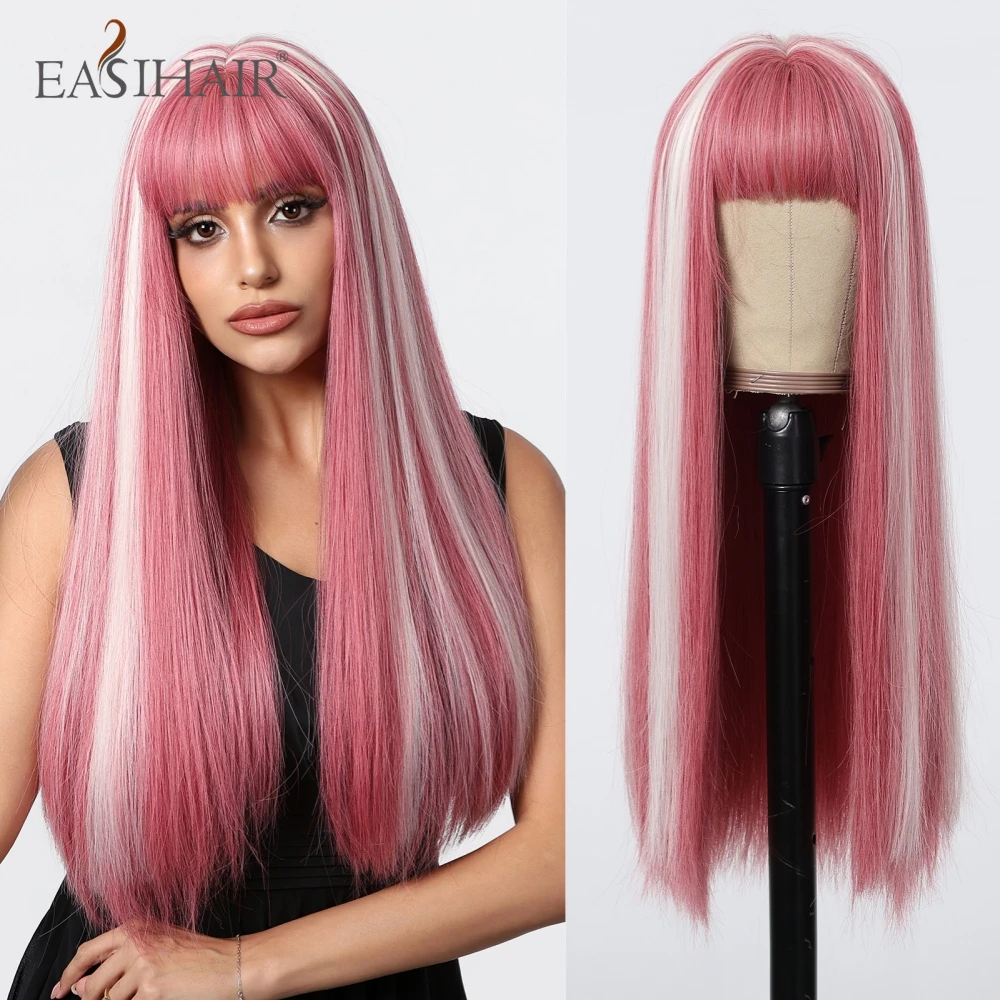 

EASIHAIR Pink Highlight Blonde Long Straight Synthetic Wigs with Bang for Women Daily Cosplay Party Heat Resistant Fake Hair Wig