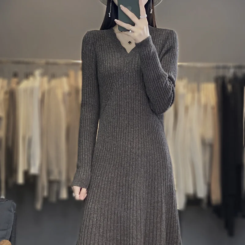 FRSEUCAG Pullover 100 Pure Wool V-Neck Women\'s Dress Sweater Fashion Slim Fit Long Sleeve Knitted New Product Long Women\'s Dress