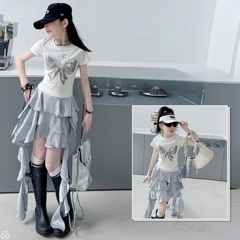 

Комплект одежды для девочек-подростков: футболка с коротким рукавом и бантом, юбка с оборками, 2 предмета, хлопковые топы для детей, юбка с асимметричным краем, детский костюм