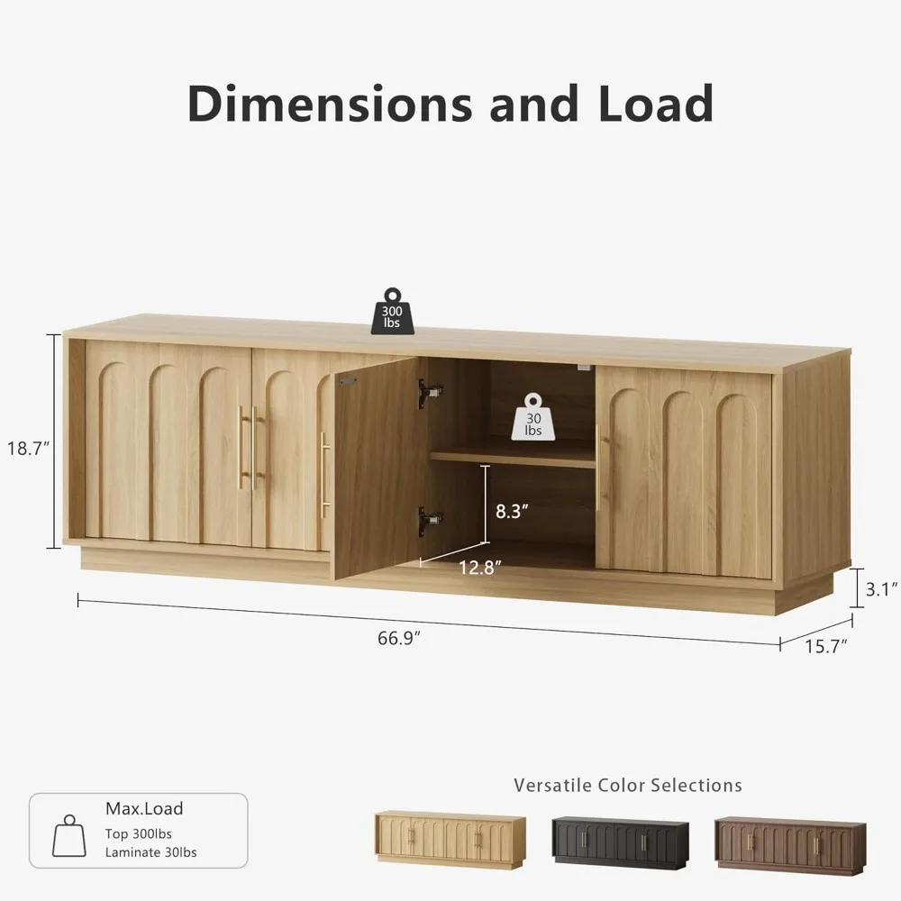 حامل تلفزيون للتلفزيون مقاس 75 بوصة، حامل تلفزيون حديث لمنتصف القرن بتصميم مقوس، لمسة نهائية من الحبوب الخشبية، لغرفة المعيشة وغرفة النوم