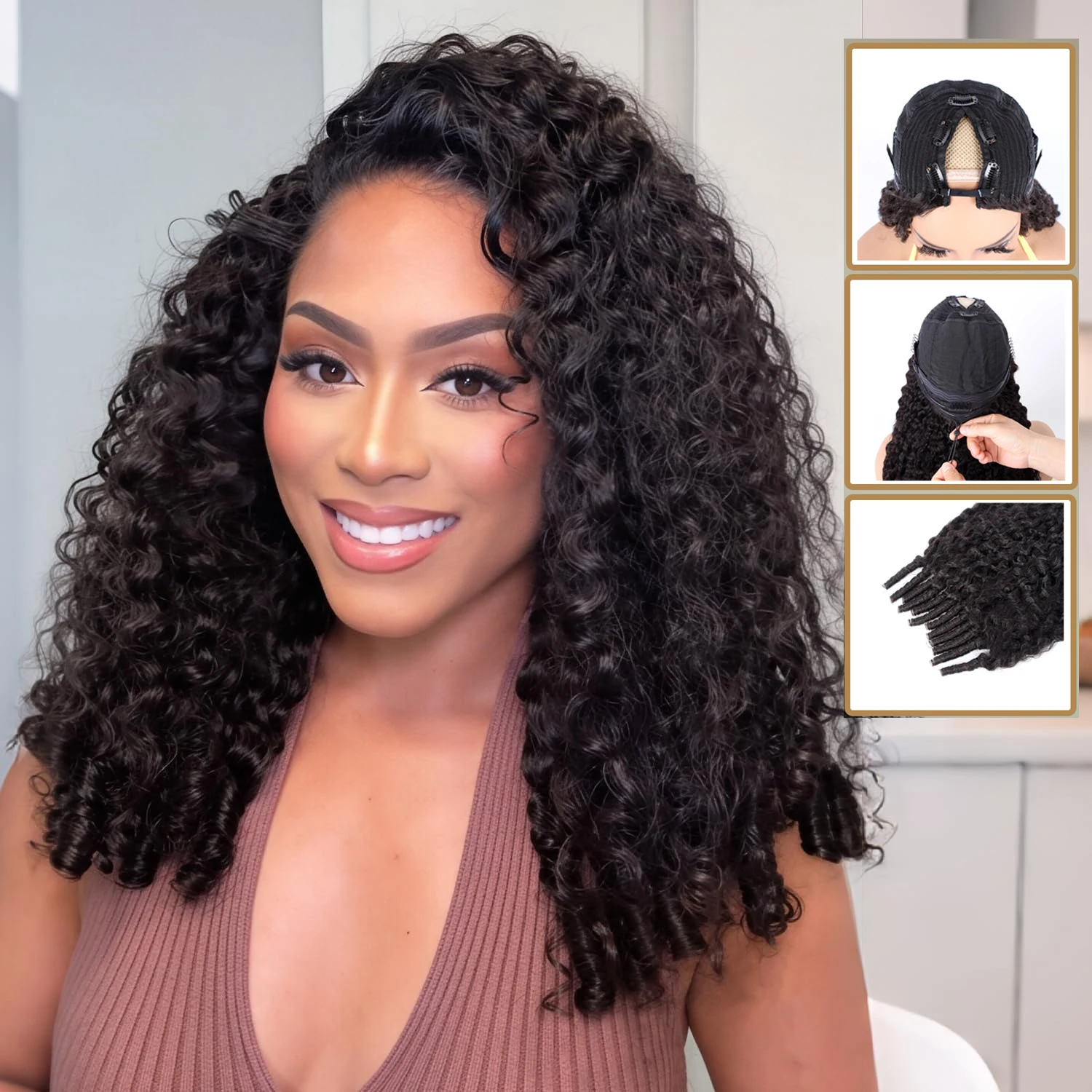 

Burmese Curly V Part Wig Human Hair 100% Human Hair Wigs with Drawstring Glueless Clip For Black Women Natural Black