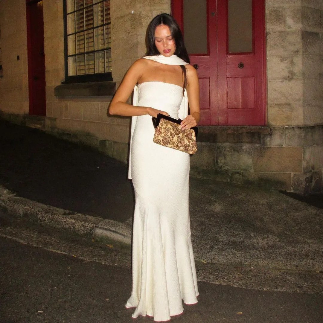 

Neck leak back fish tail pleated dress tube top one-word collar fashionable simple versatile temperament luxury elegant holiday