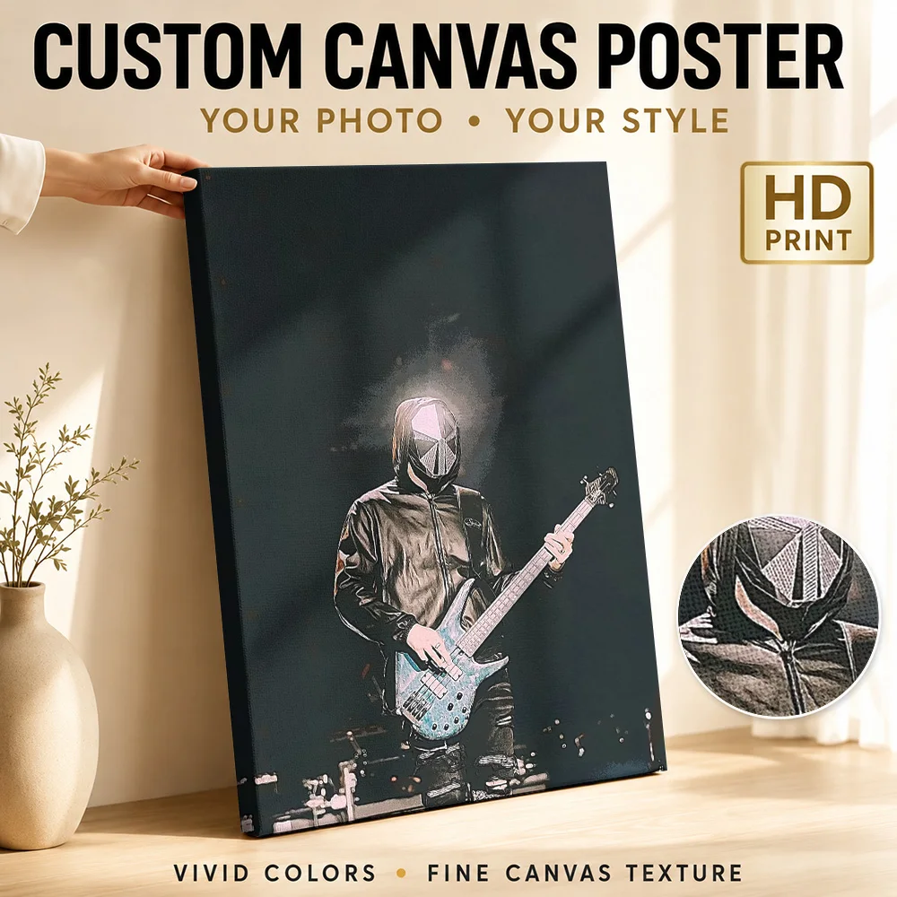 Masked Bassist Playing On Stage Framed Canvas Print Customized Photo Contemporary Wall Art For Record Room, Concert Fan Gift