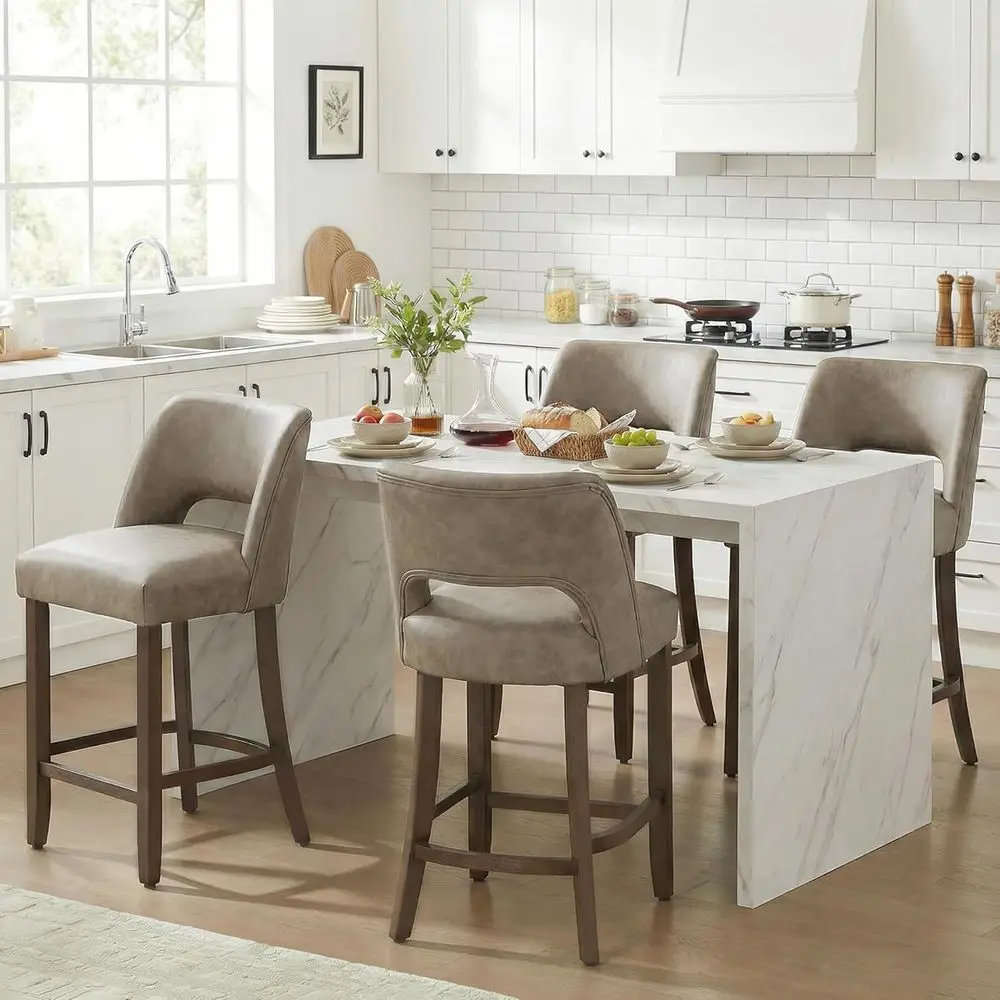 26" Bar Stools Set o 4, aux Leather Counter Height Bar Stools with Backrest and Rubberwood Legs, Upholstered Barstools or Kitche