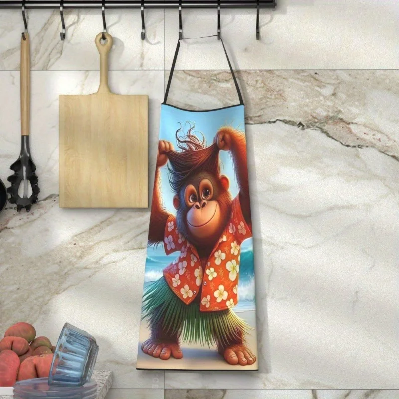 1pc Funny Orangutan Beach Scene Apron – Durable Polyester Kitchen Chef Apron with Tropical Design, Perfect for Cooking, BBQ, and