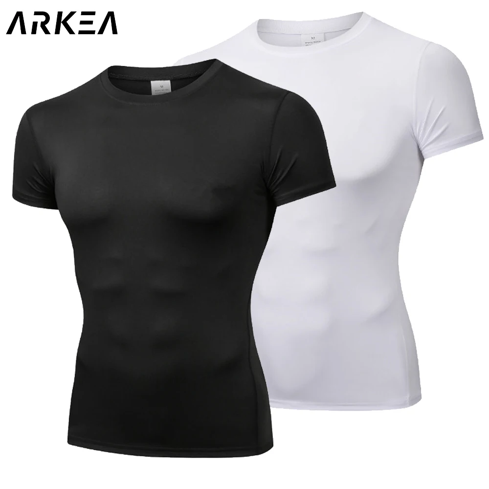 Solid color Compression T-shirt Quick dry Men Running Sport Skinny Short Tee Shirt Male Gym Fitness Bodybuilding Workout Tops