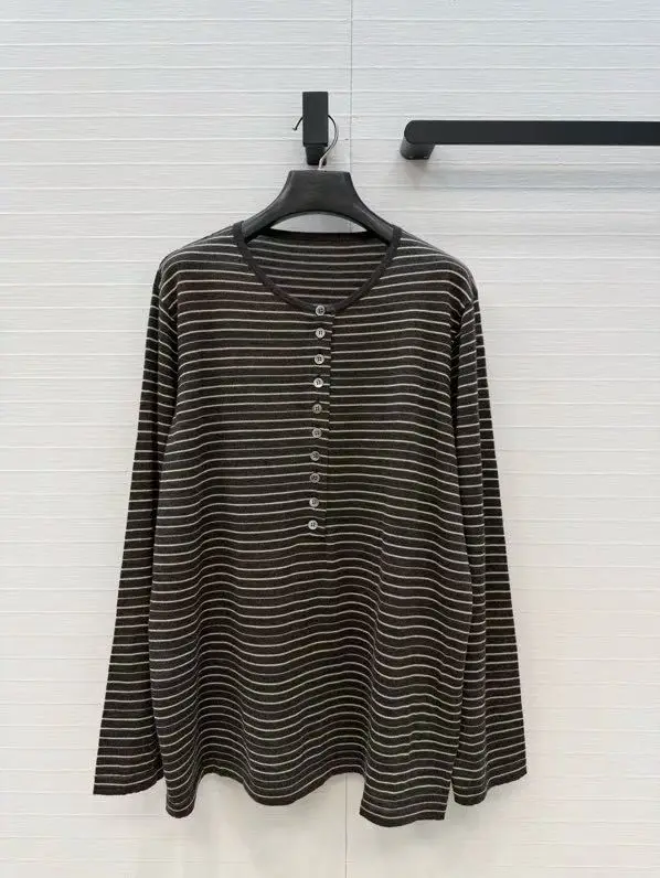 Fine Stripe Wool Base Layer With Henley Collar & Half‑placket Buttons, Minimalist Layering Piece, Elegant Casual Wear, Worsted W