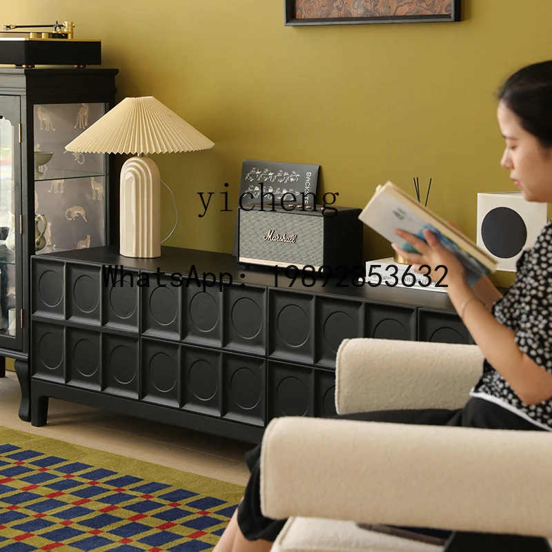 retro matte black TV cabinet solid wood medieval short cabinet audio-visual cabinet ash wood