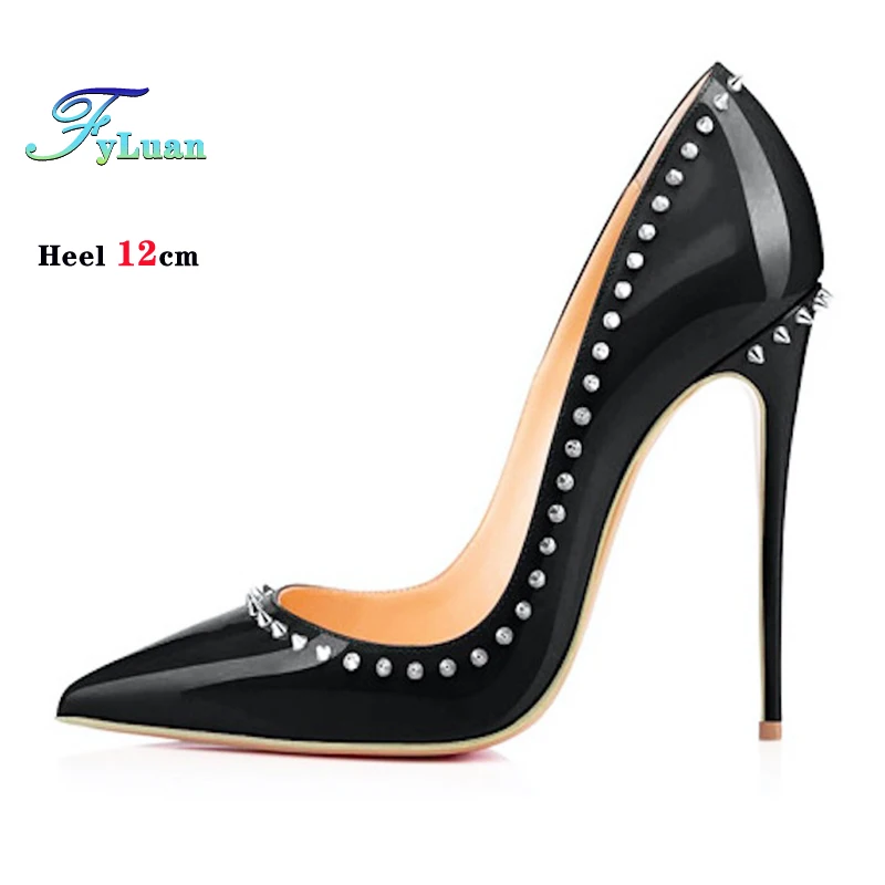 Women 12CM Stiletto Fashion Rivet High Heels Black Red Shallow Mouth Single Shoes Club Party Female Pointy Pumps Plus Size 34-45