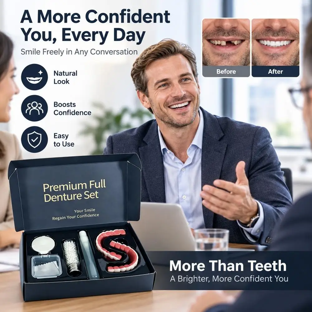Professional Complete Full Mouth Denture Set (Upper & Lower) Instant Smile Veneers Natural-Looking Portable for Comfortable Fit