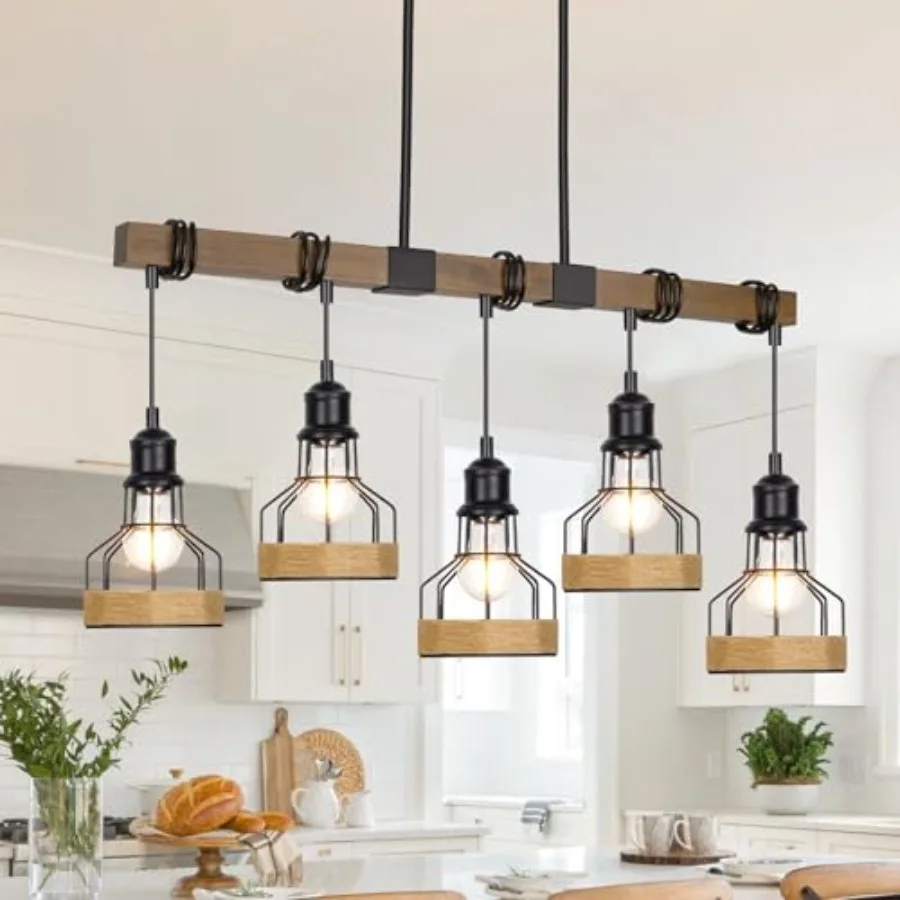 

Dining Room Light Fixture, Rustic Solid Wood Over Table Chandelier, Black Metal Lampshade, Linear Island Light Fixture, 38 Inch