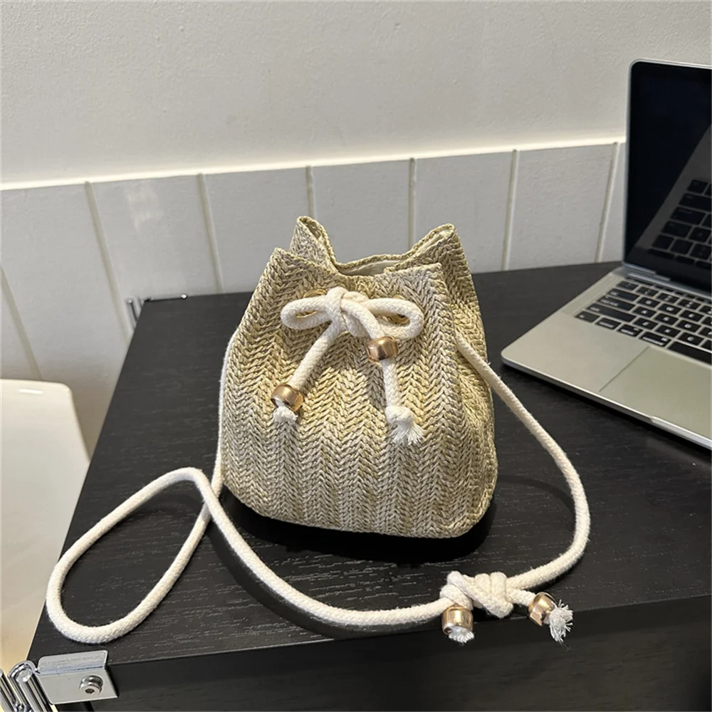 Fashion Womens Soft Woven Cross Body Bag Drawstring Straw Shoulder Bags Ladies Summer Travel Leisure Beach Handbag 2024 New 1PC