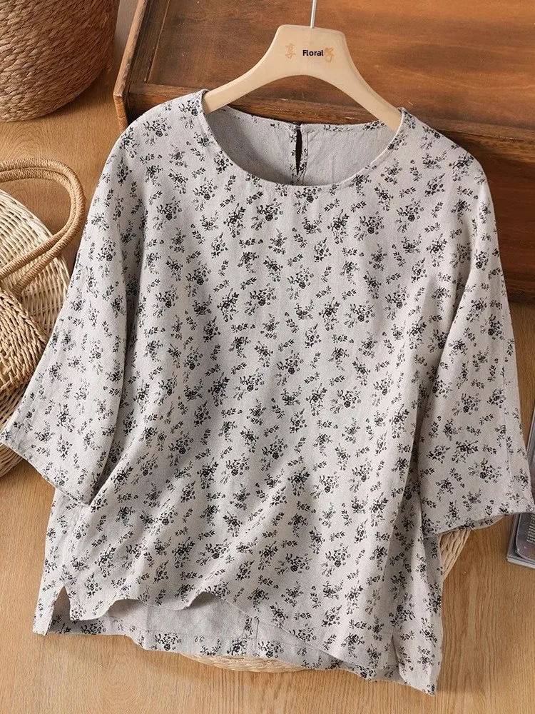 Bloemen katoen linnen T-shirt bedrukt 7/8 Sve groot formaat artistiek retro ontwerp eenvoudige top dames zomer vrijetijdskleding