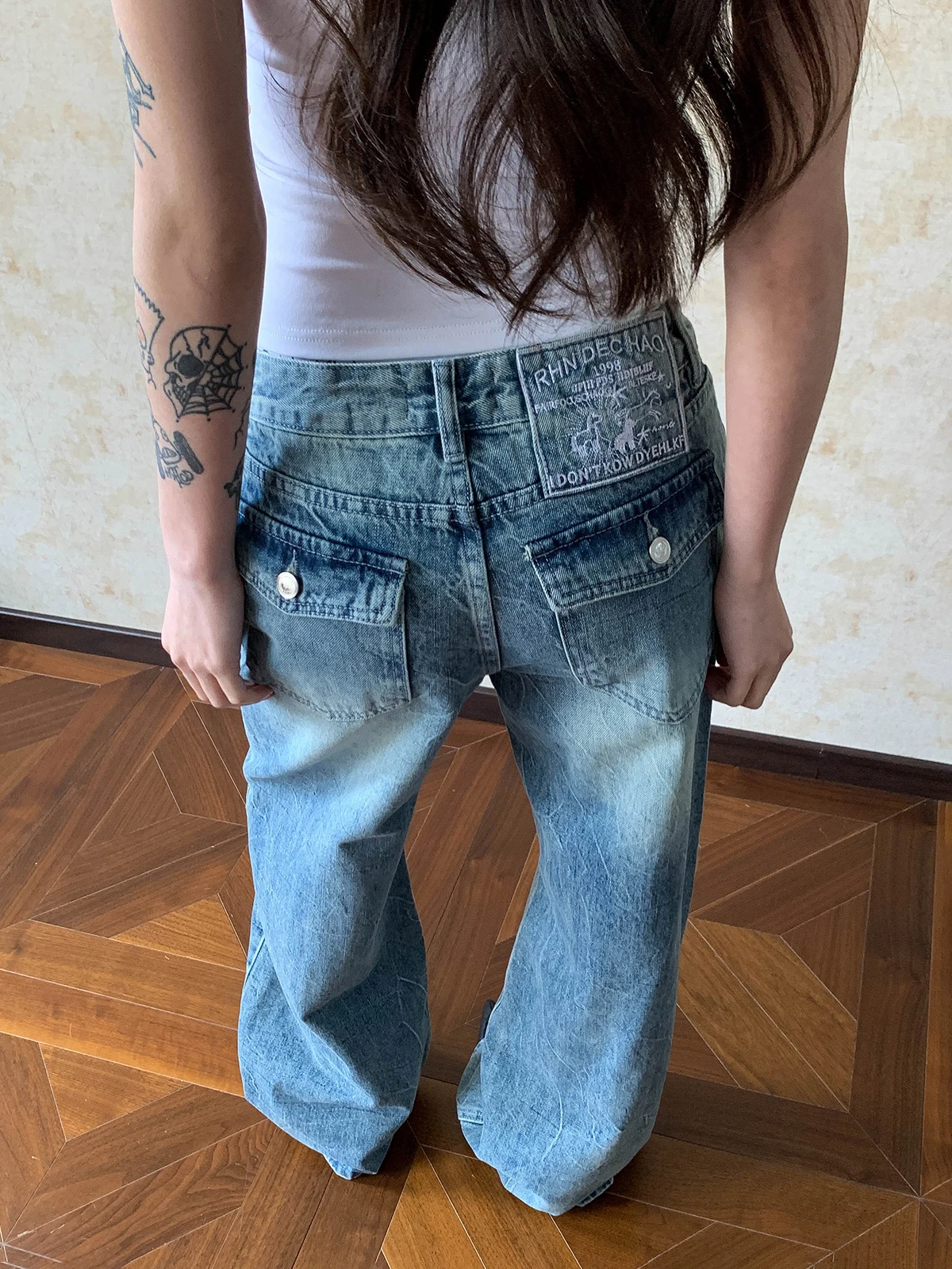 

Джинсы женские Aket American Waed в стиле пэчворк, свободные прямые, с принтом в виде молнии, износостойкие, хлопковые брюки в винтажном стиле