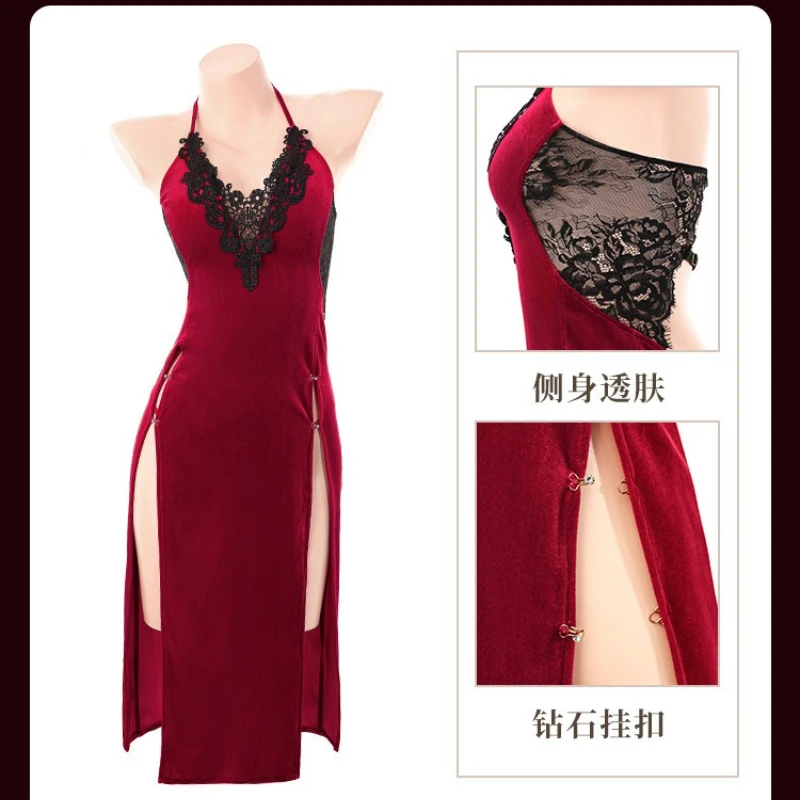 플러스 사이즈 여성 란제리 하이 스플릿 치파오 드레스 에로틱 백 레스 Qipao 유니폼 롤 플레잉 레트로 중국 스타일 잠옷