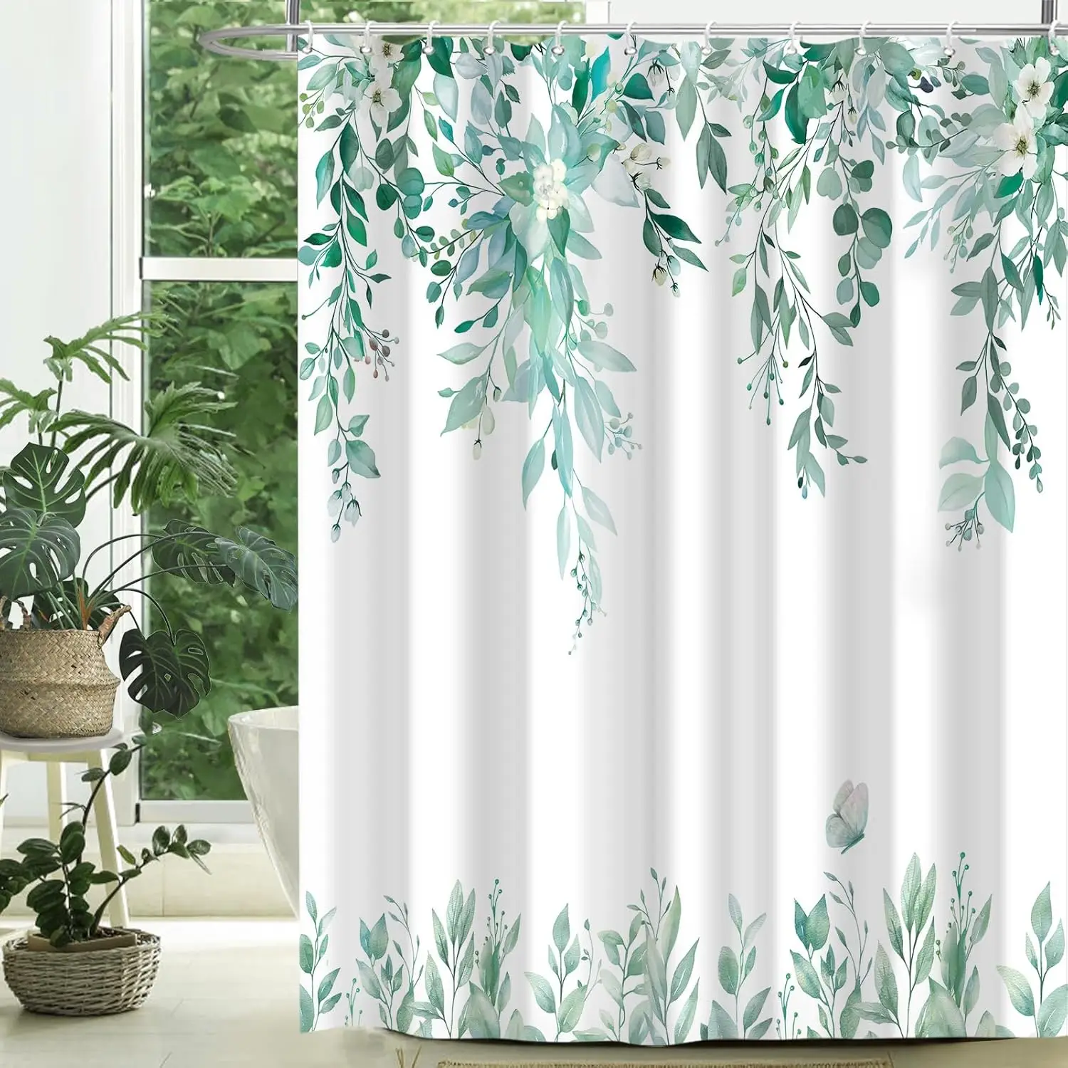 

Green White Botanical Leaves Shower Curtain Watercolor Plant Vine Print for Bathroom Decor