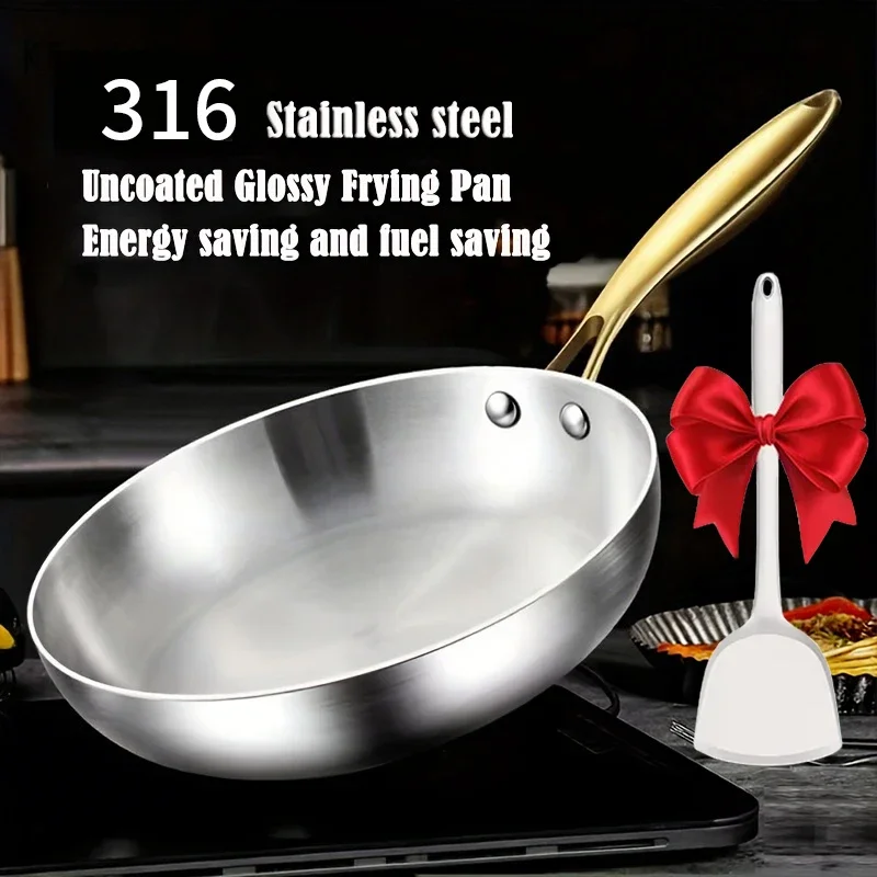 316 Stainless Steel Wok Pan with Silicone Spatula And Golden Handle Nonstick Frying Pot for Gas Stove Fried Steak Cooking