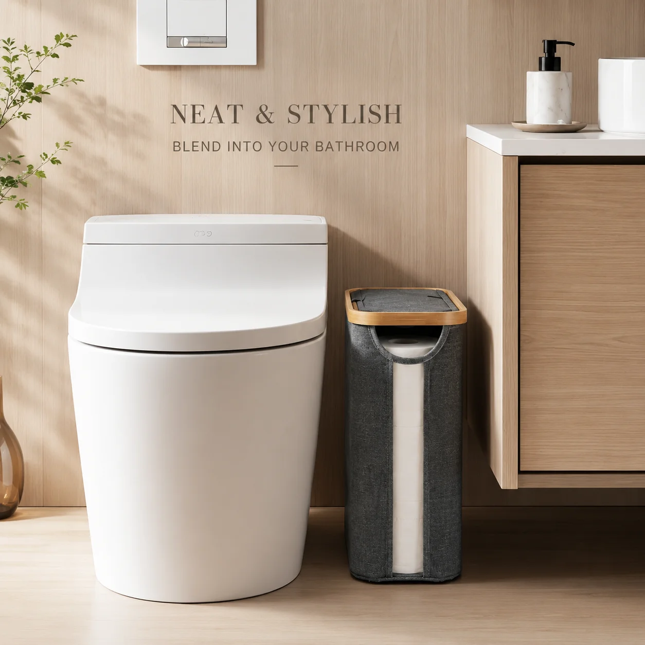 Bathroom Toilet Paper Storage Basket with Lid, Slim Collapsible Fabric Organizer for 9-12 Rolls