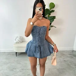 Women Sexy Strapless Denim Mini Ruffle Dress Grommet Lace Up Sleeveless Backless Slim Fit Flare Jeans Vestidos Casual Streetwear