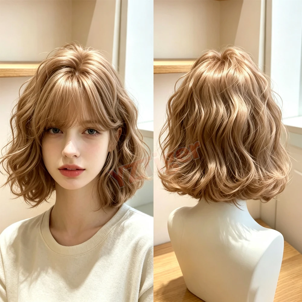 Short Wavy Synthetic Wig with Bangs Short Bob Wig for Women Lolita Christmas Party Cosplay Daily Use Natural Heat Resistant Wig