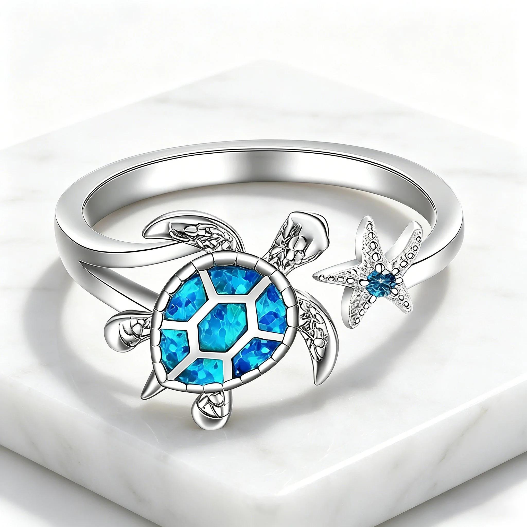 Women Sea Turtle Starfish Design Ring Inlaid Sparkling Stone Adjustable Ocean Theme Jewelry  Boho Vacation Gift For Ladies
