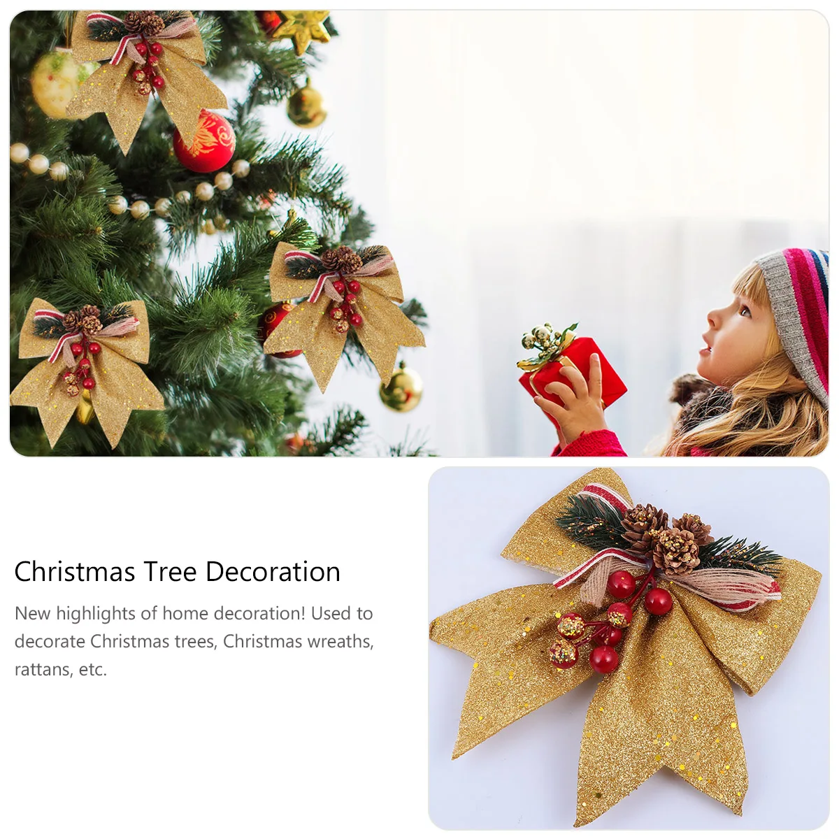 

4 Pcs Christmas Tree Bow Decoration Pine Cone Golden Stylish naments Non Fading Christmas DIY Home Decor Party