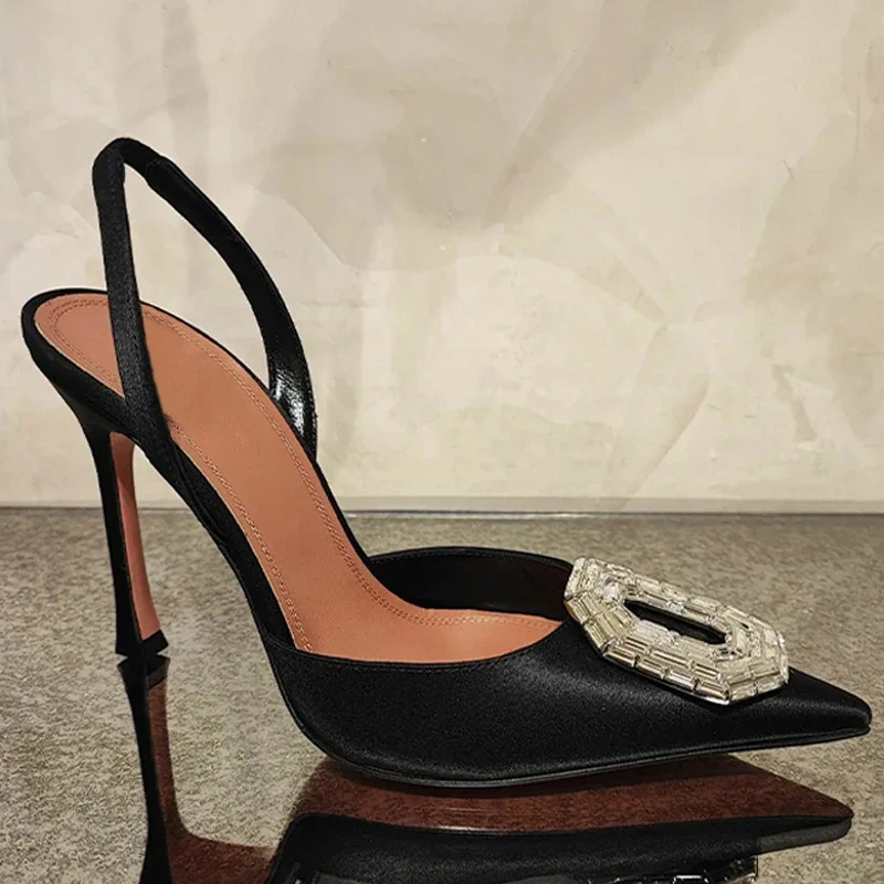 

Square Buckles Rhinestone Satin Pointed Toe Sandals Woman Summer 2025 Closed Toe Slip-On Stiletto Back Strap Pumps Wedding Shoes
