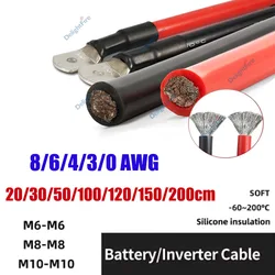 Silicone Wire Soft Automotive Replacement Battery Cable 8 6 4 3 0 AWG Stranded Wire with M6 M8 M10 Lug for Inverter Car Solar RV