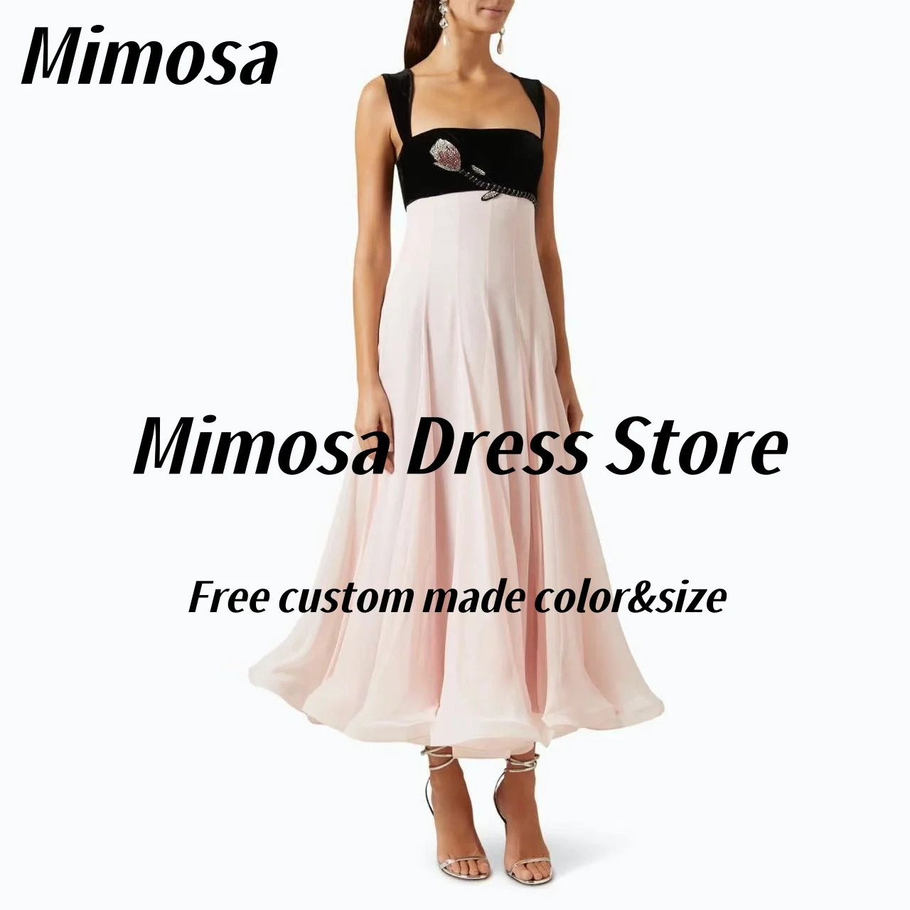 

Черное велюровое платье Mimosa для выпускного вечера с бриллиантами и бисером, вечернее платье для выпускного вечера, шифоновое платье подружки невесты на свадьбу по индивидуальному заказу