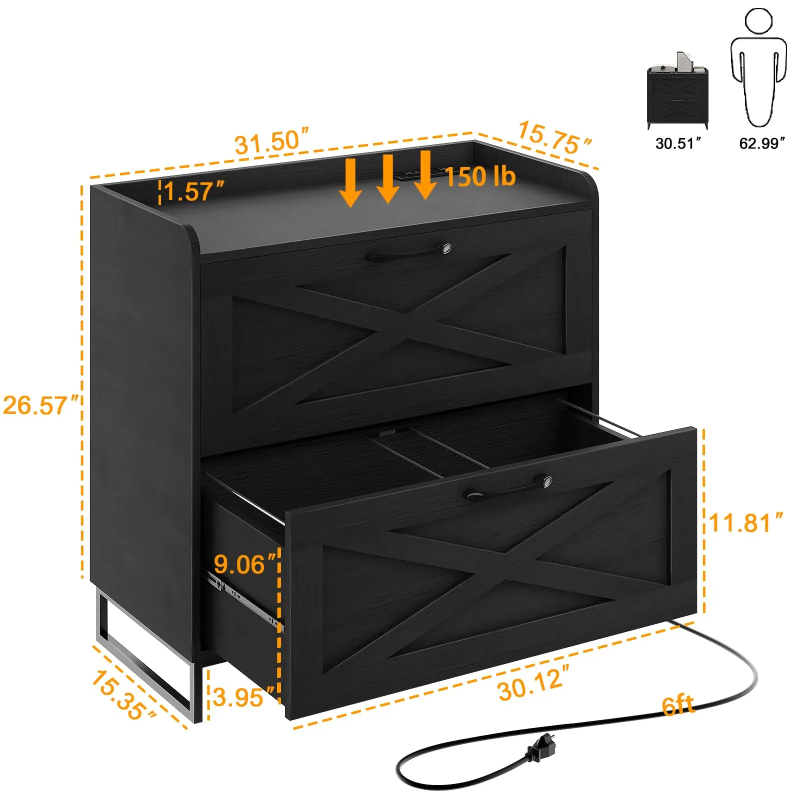 2 Drawer Lateral File Cabinet with Charging Station, Black