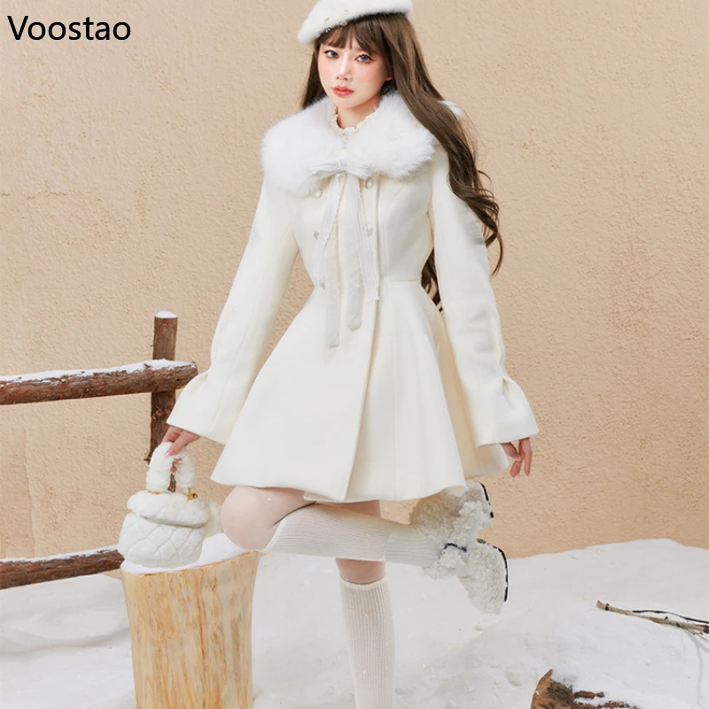 Autumn Winter Kawaii Lolita Woolen Coat Women Japanese Sweet Bow Plush Slim Jacket Female Korean Style Warm Dress Cute Overcoat