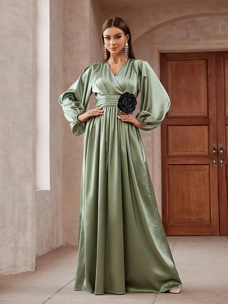 Elegant Satin Flower Maxi Dresses for Women Evening Wedding Party Muslim Dress Turkey Kaftan Dubai Abaya Morocco Vestidos Gown