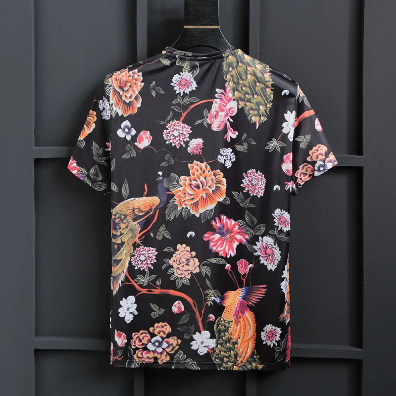 European and American men's wear summer 2022 new  Phoenix print with round collar and short sleeves  Fashion ice silk T-shirt