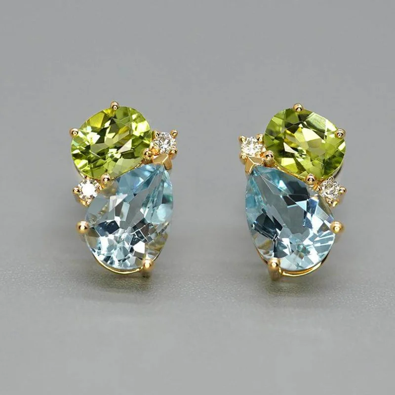 Huitan Natural Blue/Green Cubic Zirconia Stud Earrings for Women Gold Color Tiny Elegant Daily Minialist Party Chic Jewelry Gift