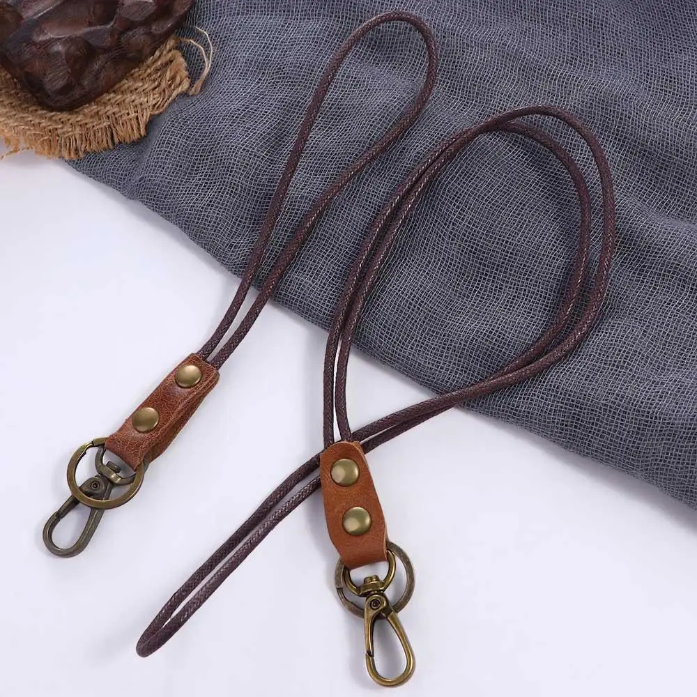 Car Keyring Badge Holder Keychain Cowhide Genuine Leather Neck Strap Work Card Holder Wrist Neck Lanyard Leather Lanyard