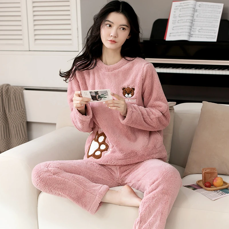 

Winter Thick Warm Women Flannel Pajamas Set Long Sleeve Cute Cartoon Homewear XXL Female Nighty