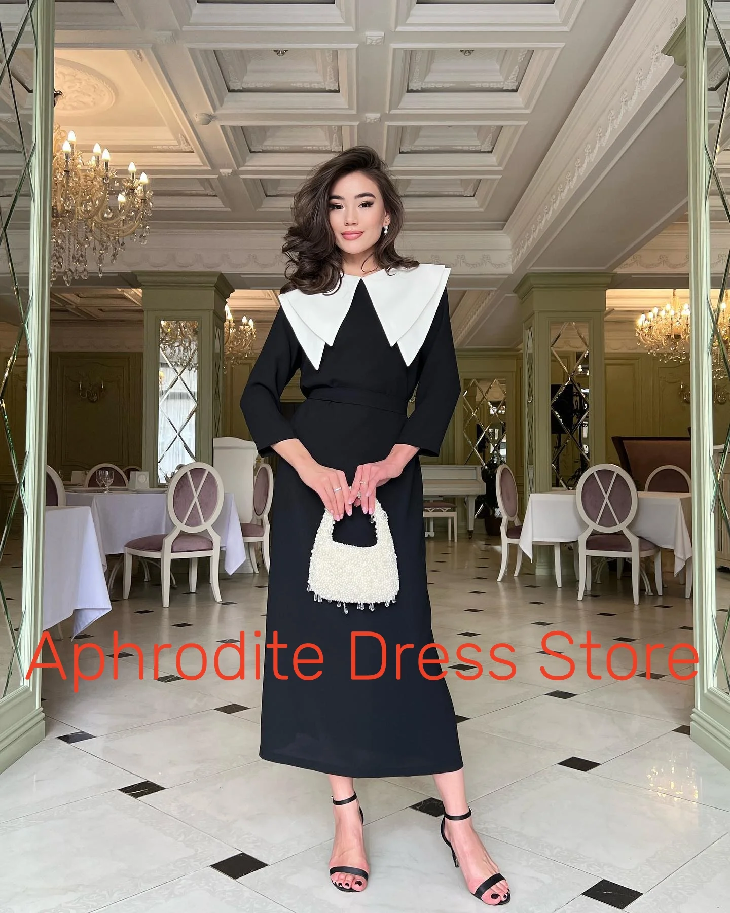 Aangepaste delicate jersey gelaagde avondjurken temperament lange mouwen ronde hals galajurk aangepast formaat beroemdheid