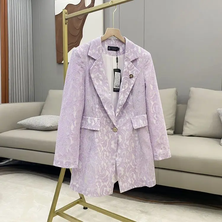 2024 Spring and Autumn Long Sleeved Button Slim Fit Mid to Long Lace Small Suit Ice Silk Jacket