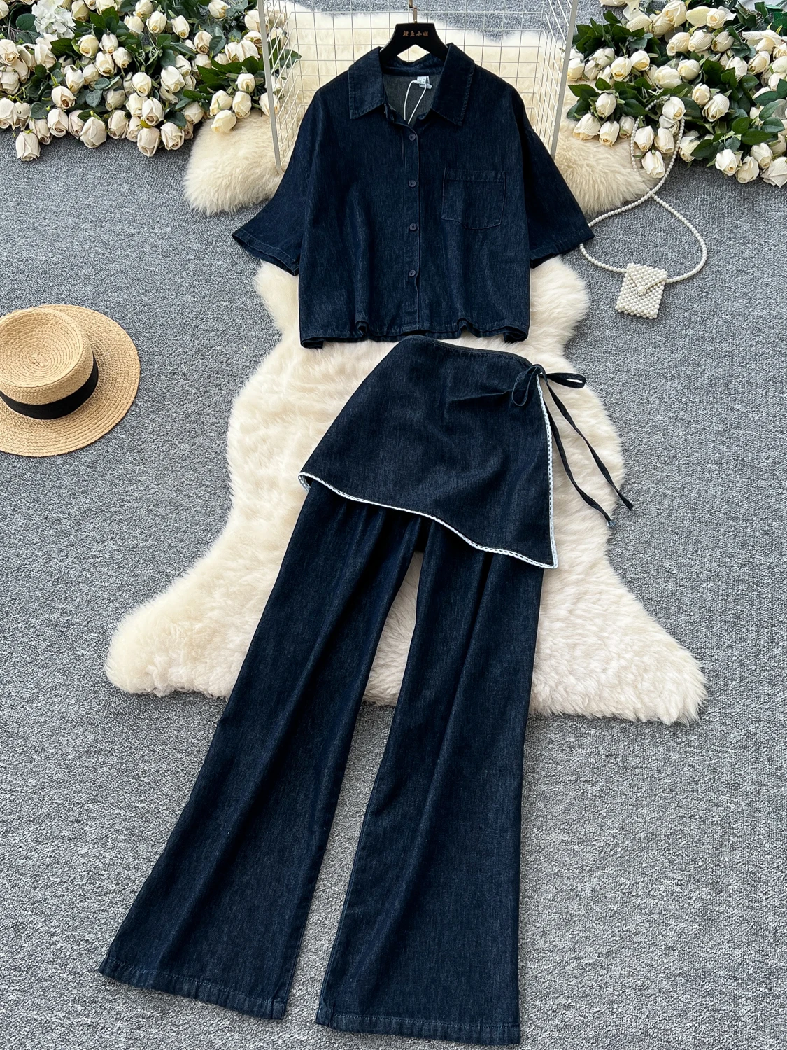 

Retro Distressed Design Korean Style Denim Set Women Summer 3/4 Sleeve Shirt High Waist Slim Fit Long Pants Apron