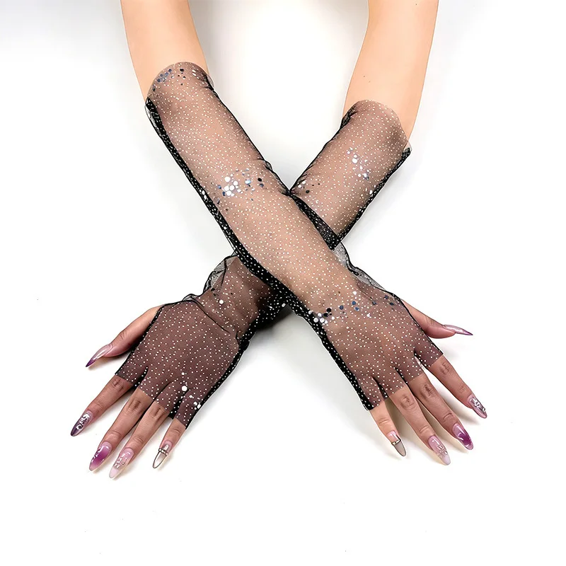 Lady's lace gloves with transparent fingerless sleeves, breathable mesh, sun protection sequin and stud detailing, hollow design
