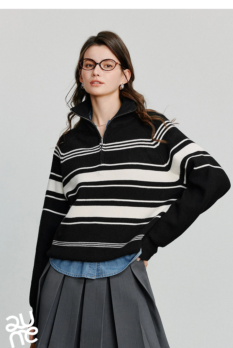 TOYOUTH Women Knitted Sweater 2026 Autumn New Fashionable Style Striped Zipper High Collar Woolen Pullover Sweater Tops