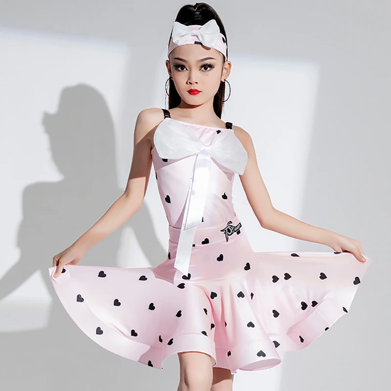 Pink Sweet Heart Bow Mesh Top Bodysuit and Skirts Kids Girls Latin Dancewear Professional Leotard Dancewear Dance Costumes